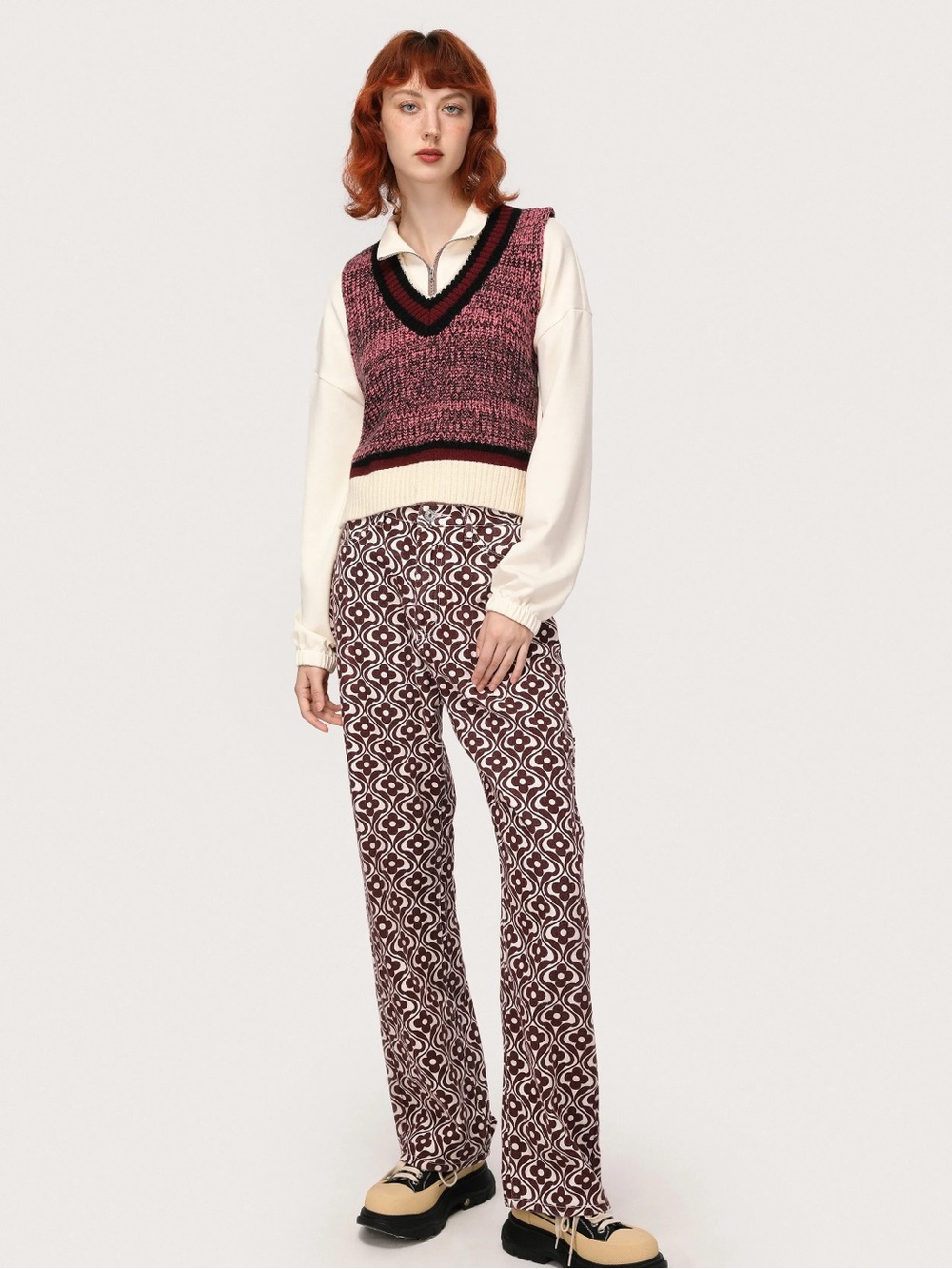 Women's Maroon Patterned Wide-Leg Pants